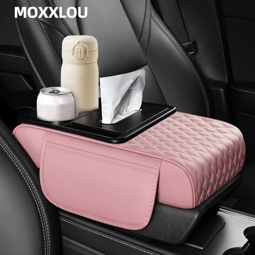 5-in-1 Car Center Console Armrest Cover Pad, Multifunctional Car Arm Rest Organizer with Cup Holder, Tissue Slot & Side Storage Pockets, Soft Leather Auto Armrest Cushion, Pink (Pink)
