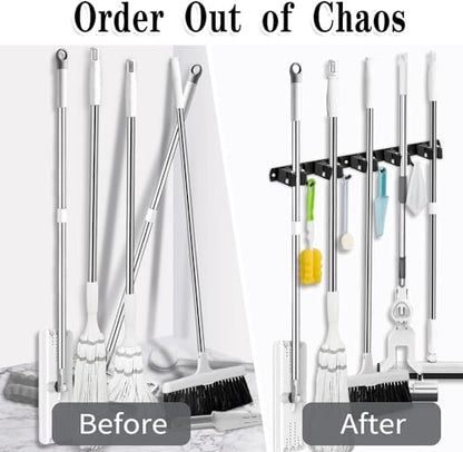 Black Broom Holder Wall Mount (5 Racks & 4 Hooks (Black) - 1 Pack)
