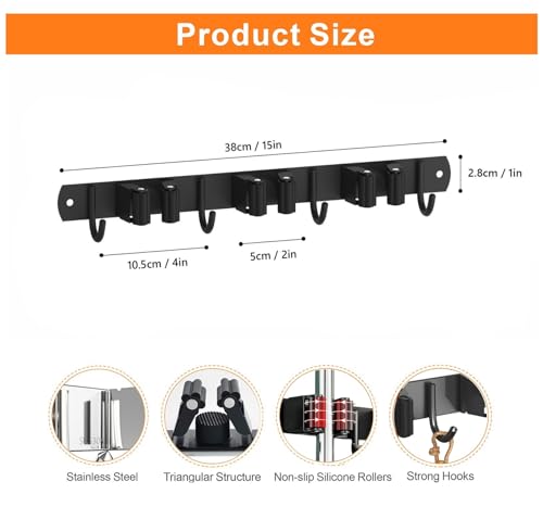 Mop and Broom Holder Wall Mount for Kitchen Laundry Room Decor (Black / 3 Racks with 4 Hooks)