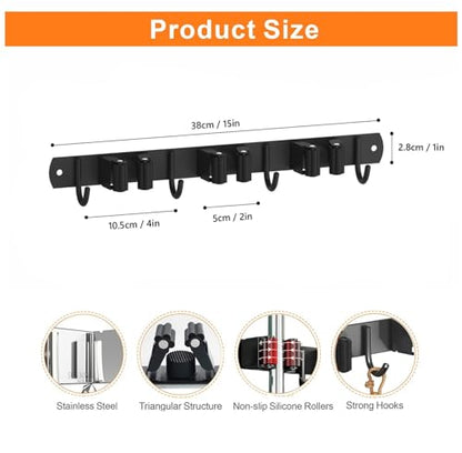Mop and Broom Holder Wall Mount for Kitchen Laundry Room Decor (Black / 3 Racks with 4 Hooks)