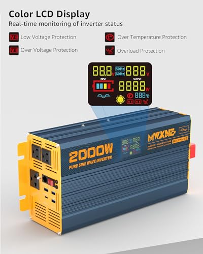 2000W Pure Sine Wave Power Inverter DC 12V to 110V 120V AC with 4 Quick Charging USB Ports& 3 AC Outlets Power Inverters for Vehicles RV Truck Home with LCD Display and Remote Controller (2000W- 12V)