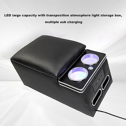 Center Console Organizer with LED Light and Cup Holders (Black)