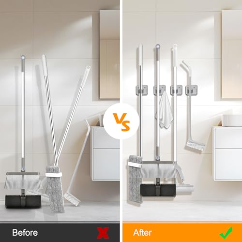 4 Pack Stainless Steel Heavy Duty Broom Holder Wall Mount with Hook (C-Sliver / 4PCS Gripper)