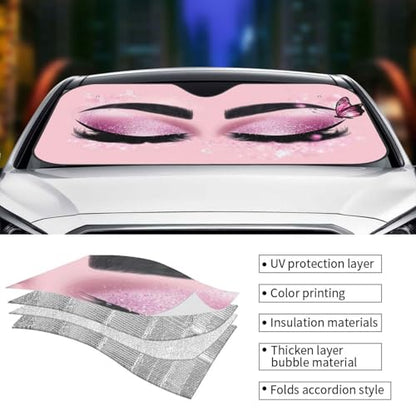 Hello Eyelashes Car Sun Shade Windshield Sunshade Foldable Front Window Shield Cover for Truck SUV (Blue8 / Small)