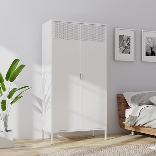 Metal Storage Cabinets Locker with Hanging Rod and Adjustable Shelves (White / 71''H-Wardrobe)
