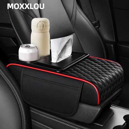 5-in-1 Car Center Console Armrest Cover Pad, Multifunctional Car Arm Rest Organizer with Cup Holder, Tissue Slot & Side Storage Pockets, Soft Leather Auto Armrest Cushion, Black Red Strip (Black Red Strip)