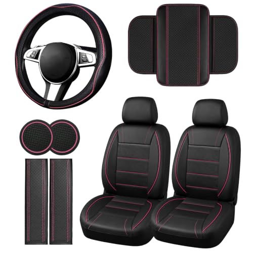 10 PCS Leather Car Seat Covers Front Seats Set (Steering Wheel Cover Set / Black and pink)