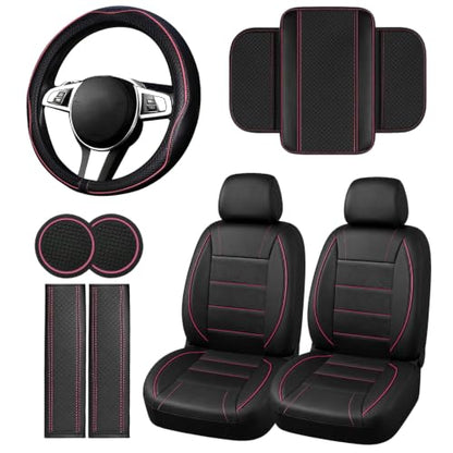 10 PCS Leather Car Seat Covers Front Seats Set (Steering Wheel Cover Set / Black and pink)