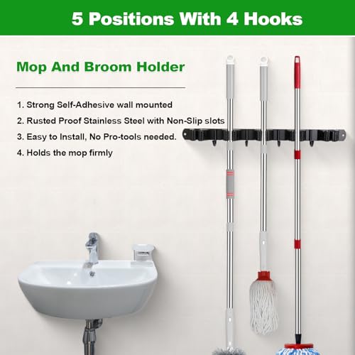 2 Pack] 5 Racks and 4 Hooks Mop and Broom Holder Wall Mount (5 Racks 4 Hooks 2 Packs / Black)