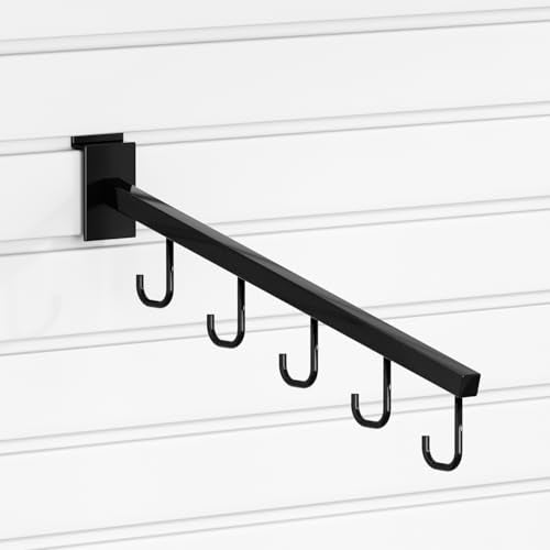 10-Pack 17-Inch Slatwall Waterfall Display Hooks with 5 J-Hooks – Black Slanted Arm Rack for Hanging Apparel, Bags & Accessories