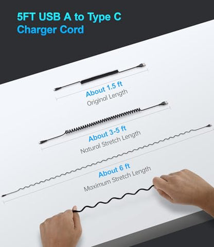 Coiled USB C Cable Fast Charging for Car 3FT (3FT/5FT / USB A to USB C / Black)