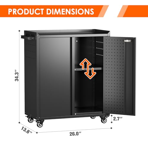 Garage Storage Cabinet with Wheels & Pegboard (Black / 13.8"D x 26"W x 34.3"H)