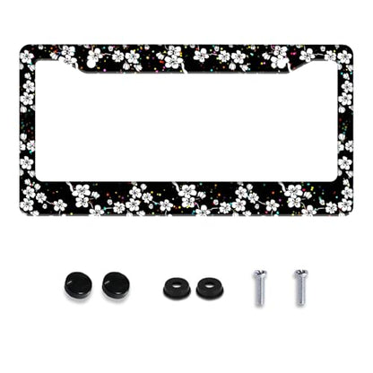 White Cherry Blossoms License Plate Frame Stainless Steel with Screws (Cherry Blossoms)