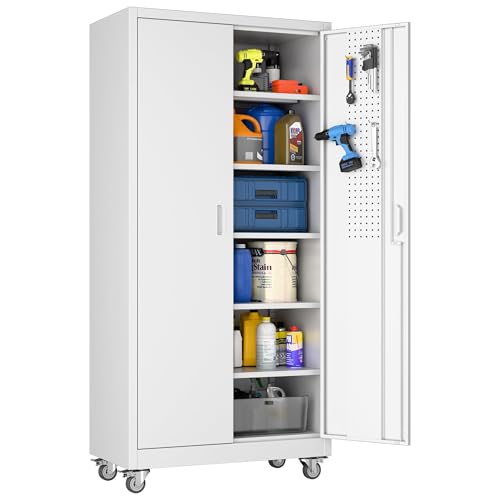 71" White Metal Storage Cabinet with Wheels (White / 16"D x 32"W x 71"H)