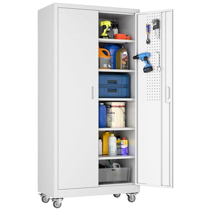 71" White Metal Storage Cabinet with Wheels (White / 16"D x 32"W x 71"H)