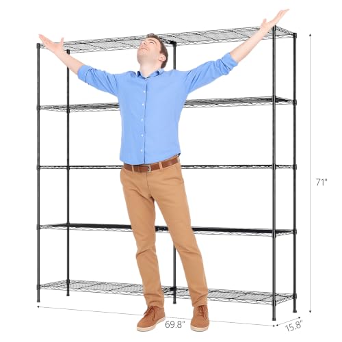 70" W Storage Shelves 1600LBS Heavy Duty Metal Shelving (Black / 69.8"W × 15.8"D × 71"H)