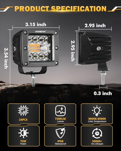 3 Inch LED Pod 6 Modes Amber White 72W Combo Beam Offroad Light Bar (Amber White 3")