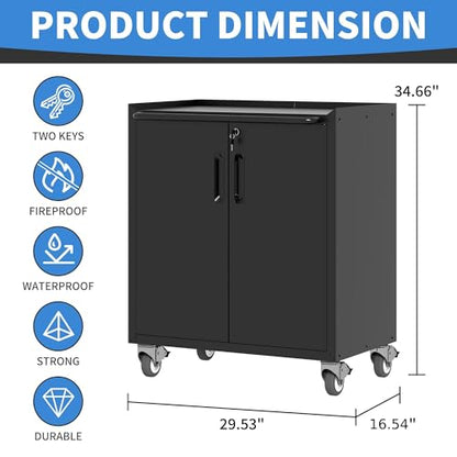 Metal Storage Cabinet for Garage (Black / M - 2 Doors (Wheeled))