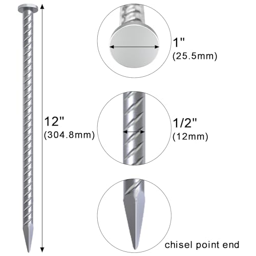 Rebar Stakes 12 Inch Galvanized Metal Steel Ground Spikes Heavy Duty (T-12 Inch-16 Pcs / T-12 Inch-Φ1/2"-Galvanized)