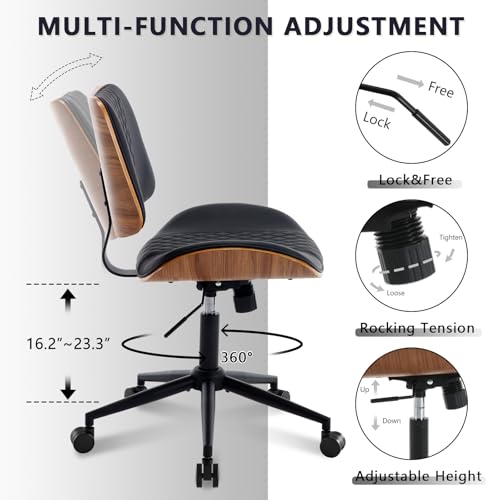 Home Office Chair No Arms with Wheels (Black / MCM Style)