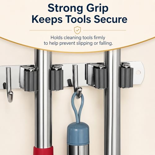 5 Racks and 4 Hooks Mop and Broom Holder Wall Mount (5 Racks 4 Hooks / Silver)