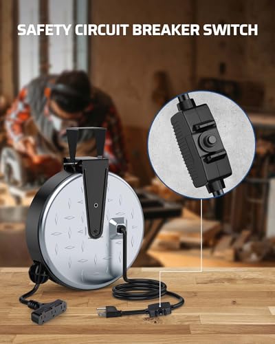 Retractable Extension Cord Reel (Silver/Black-black Cord)