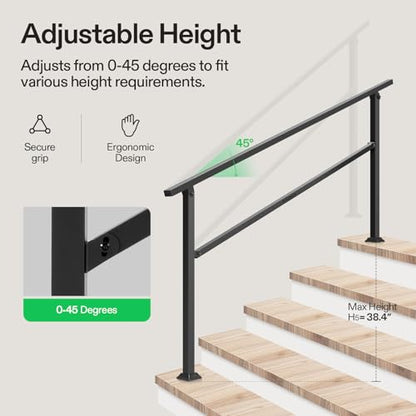 5 Step Stair Handrail 69"x36" Wrought Iron Porch Railing Black (Black / 5 Steps)