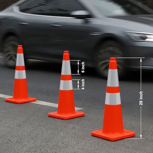 Overall Fluorescent Orange Red Integrated Traffic Cones (28"-Large 8 Pack)