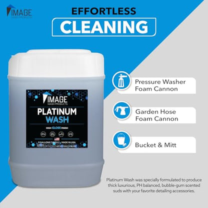 Image Wash (5-Gallon) Platinum Wash Car Soap Concentrated pH-Neutral Foam Soap for Foam Cannon & Bucket wipe Safe for Wax Ceramic Coatings High Lubricity Biodegradable Formula with Bubble Gum Scent (640 Fl Oz (Pack of 1))