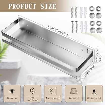 2 Pieces Stainless Steel Shelf Bathroom Shower Floating Shelves Wall Mounted Shower Caddy Basket Shelf Storage Organizer Shelves for Bathroom (11.81 Inch/ 30 cm / Silver)