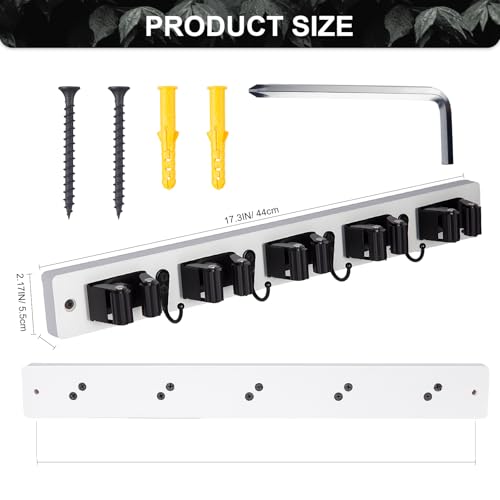Broom Holder Wall Mount With 5 Slots & 4 Hooks (White)