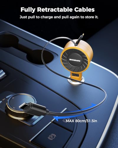 3-in-1 Small Car Charger with Retractable Cords (Yellow / 1 Type-C & Apple Cables Mini)
