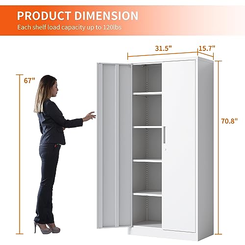 Metal Storage Cabinet for Garage (White / L - 2 Doors & 5 Shelves (Wheelless))