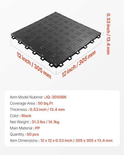 Garage Floor Tiles 12 x 12 x 0.53 inch (50 Pack Tile / Black)