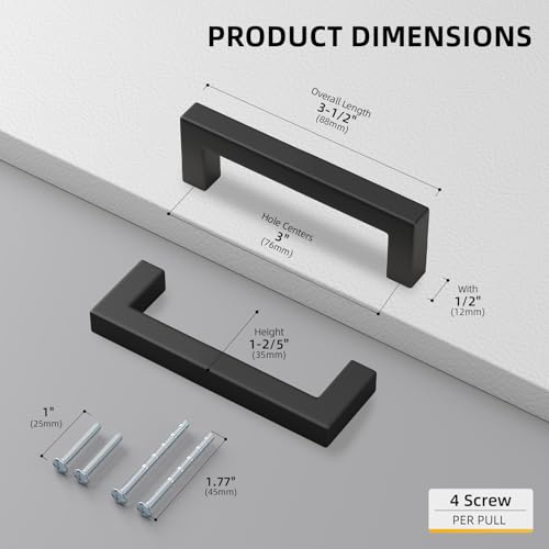 15 Pack 3 Inch Black Kitchen Cabinet Handles Square Drawer Pulls (Matte Black / 3 Inch Hole Centers)