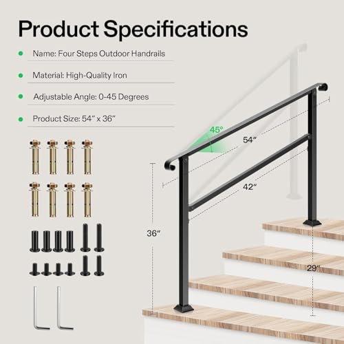 4 Step Stair Handrail 54"x36" Wrought Iron with Curved Ends Black (Black / 4 Steps)