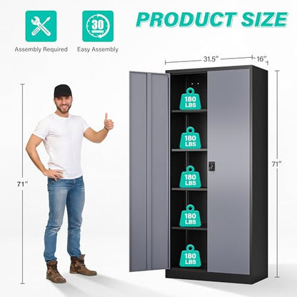 Metal Storage Cabinet with 2 Doors and 5 Shelves (71"H x 31.5"W x 16"D-B / Black Gray)