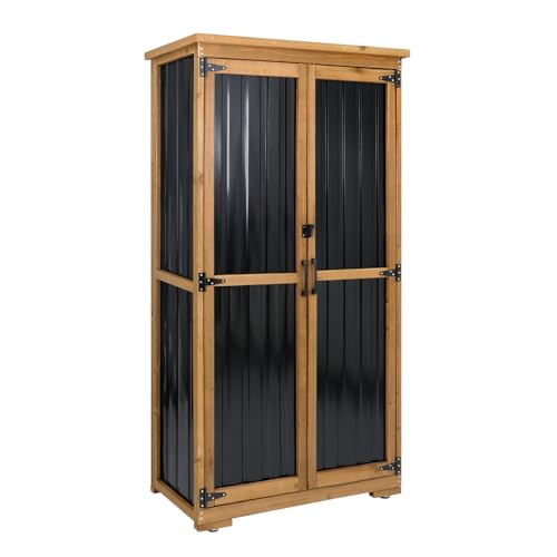 Outdoor Storage Cabinet Wood & Metal with Waterproof Roof (15.6"D x 32.3"W x 66"H)
