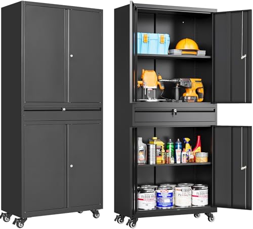 Metal Garage Storage Cabinet with Wheels and Drawer (73"H x 31.5"W x 16"D / Black)