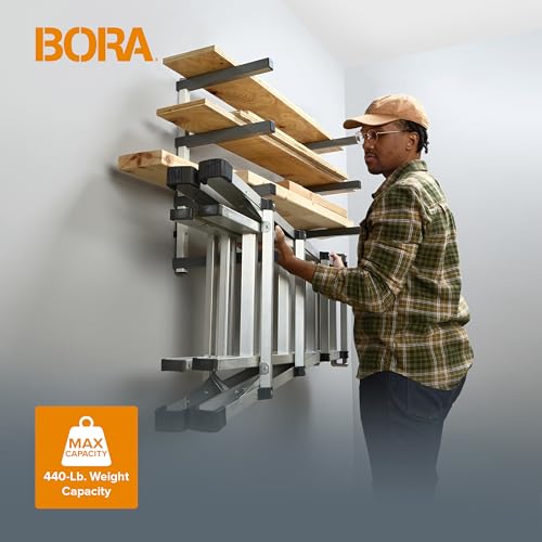 4 Level Lumber Storage Rack Wood and Garage Organization Space Saving Metal Shelf for Pipes (White and Gray / 4-Level)