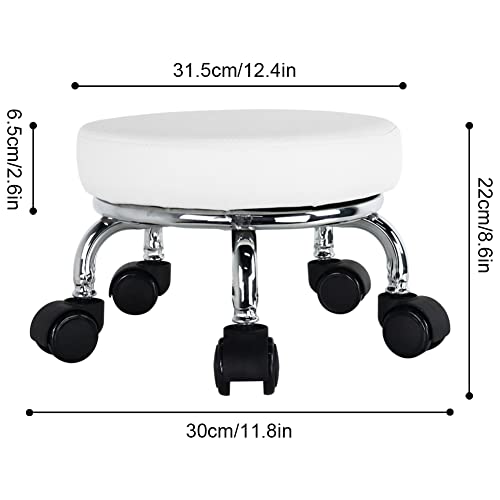 Modern Roller Seat PU Leather Low Round Rolling Stool 360° Swivel Small Seat with Universal Wheels Foot Stool for Home Office Garage Shop Fitness Sport H：8.6" （White） (White)