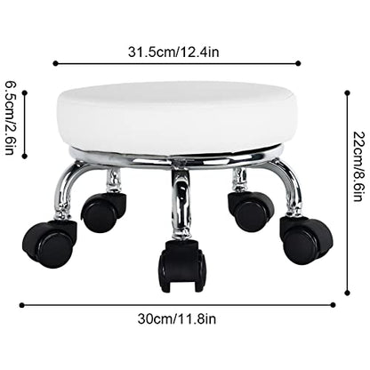 Modern Roller Seat PU Leather Low Round Rolling Stool 360° Swivel Small Seat with Universal Wheels Foot Stool for Home Office Garage Shop Fitness Sport H：8.6" （White） (White)