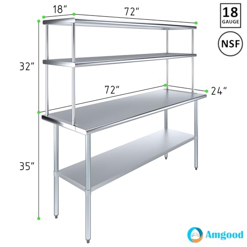 Stainless Steel Work Table Double Tier Overshelf (24" x 72" Work Table + 18" Overshelf)