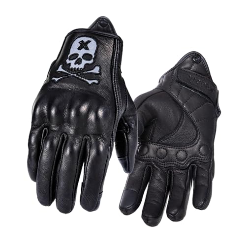 Goatskin Leather Motorcycle Motorbike Powersports Racing Gloves Reflective Skull Touchscreen for Men and Women Model (HEE12 / X-Small)