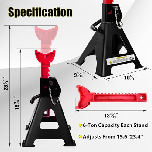 6 Ton Jack Stands (6 Ton Double Pin Locking with Rubber Pads / Black+Red)