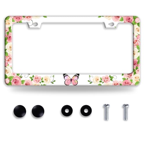 Pink Butterfly License Plate Frame Stainless Steel Flowers License Holder (Pink Butterfly Floral Flowers)