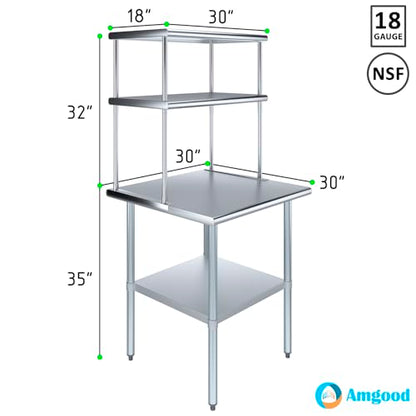 Stainless Steel Work Table Double Tier Overshelf (30" x 30" Work Table + 18" Overshelf)