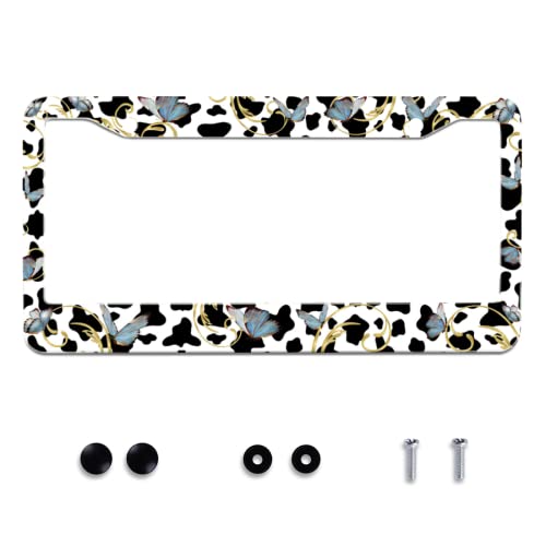 Cow Print Butterfly Stainless Steel License Plate Frame Fits US Standard (Cute Cows and Butterfly)