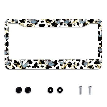 Cow Print Butterfly Stainless Steel License Plate Frame Fits US Standard (Cute Cows and Butterfly)