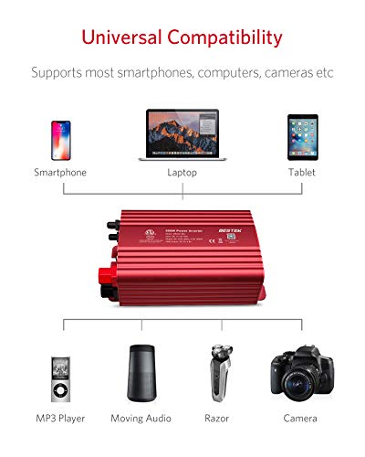 500W Power Inverter DC 12V to 110V AC Converter with Alligator Battery Clamp 4.8A Dual USB Car Charger ETL Listed (Red)